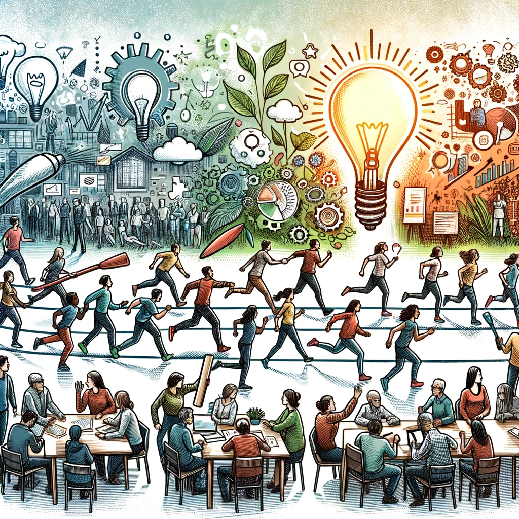 DALL·E 2024 02 06 19.28.00 A hand drawn illustration that vividly captures the spirit of collaboration innovation and creativity among people in a community setting. The scene